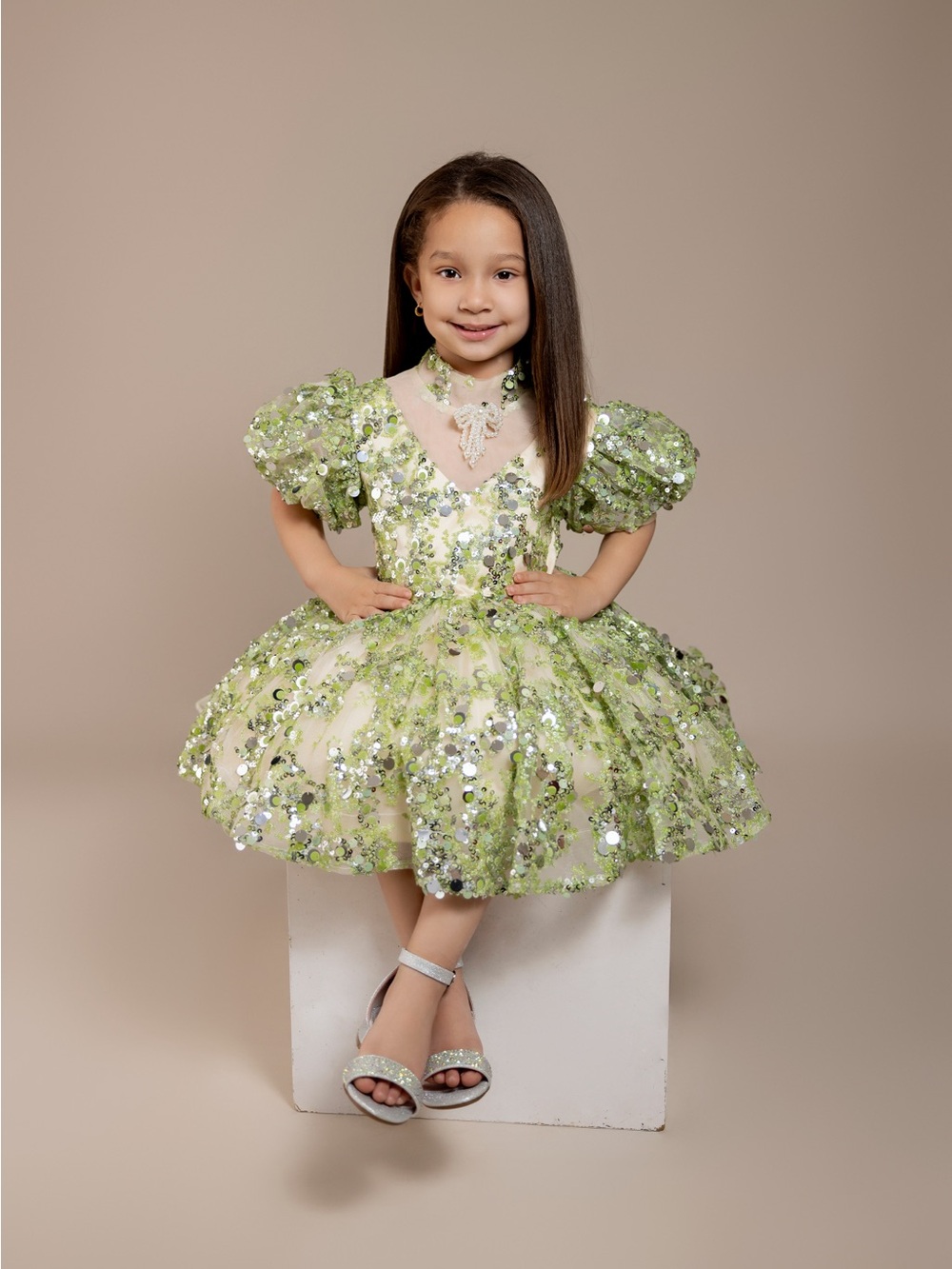 Girl's Green Sequin Tulle Party Dress